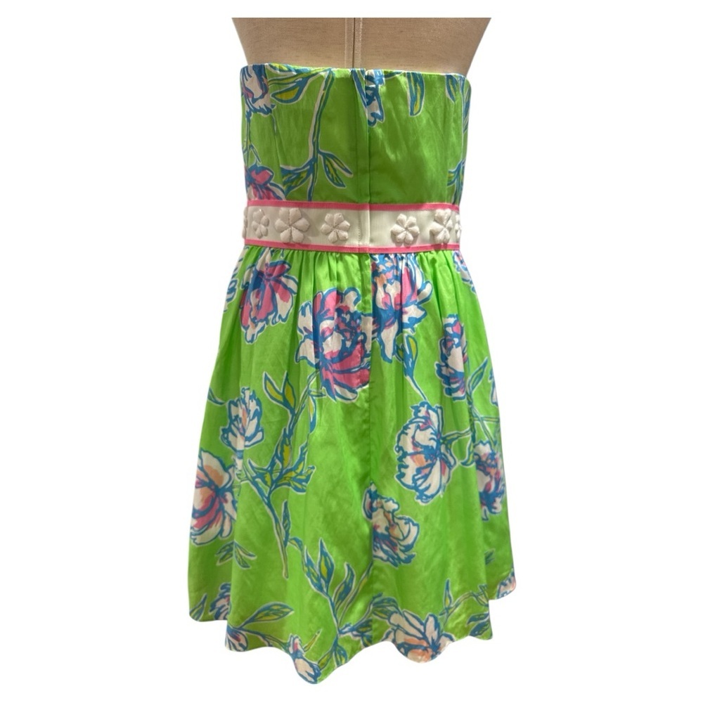 LILLY PULITZER WOMEN’S LANGLEY DRESS  LIME GREEN FLORAL SILK STRAPLESS SZ 8 - Picture 4 of 7
